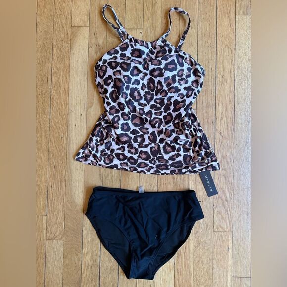 Tempt Me Leopard Two Piece Tankini Set Tummy Control High Neck Top NWT - Picture 4 of 7